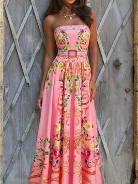Women's Strapless Pink Floral swimsuit with matching skirt